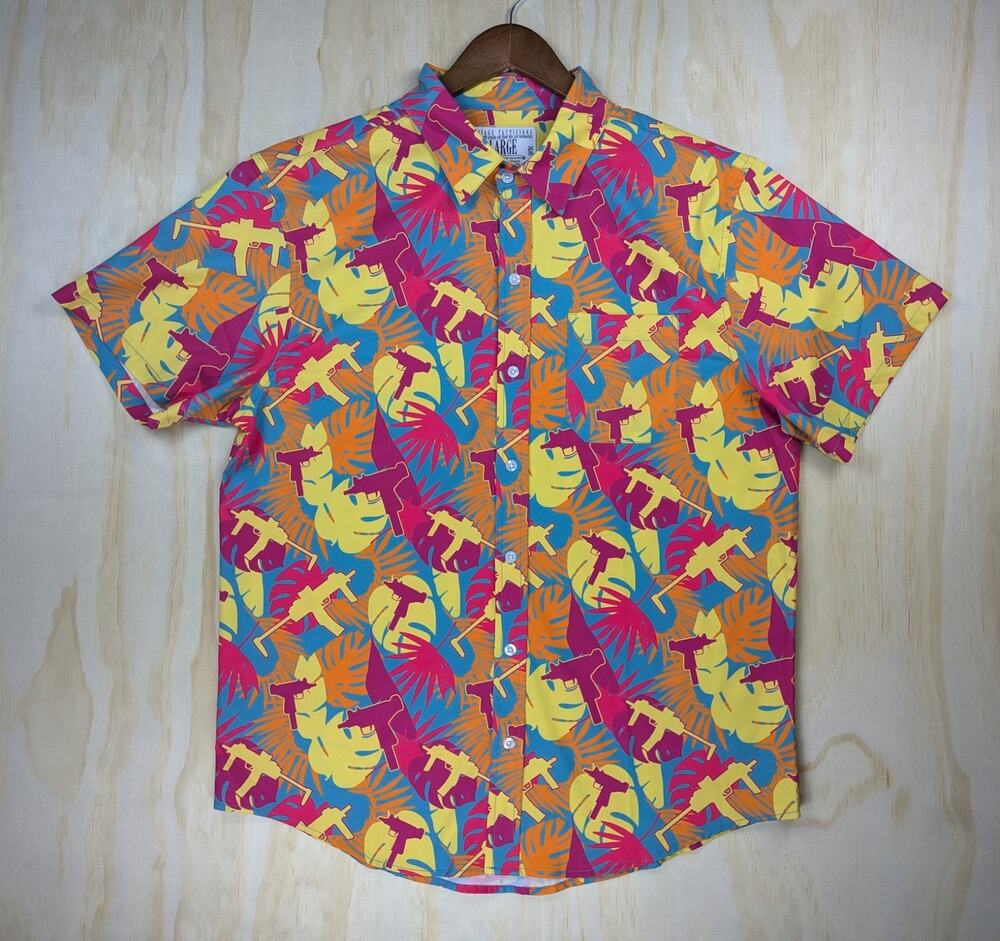 Savage Tacticians Men's Large Hawaiian Shirt Uzi Floral Neon Retro Savtac